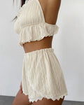 Lace Trim Ruffle Hem U-Neck Strap Cable Textured Cami & Casual Shorts Loungewear Summer Pajamas Set Women Sleepwear